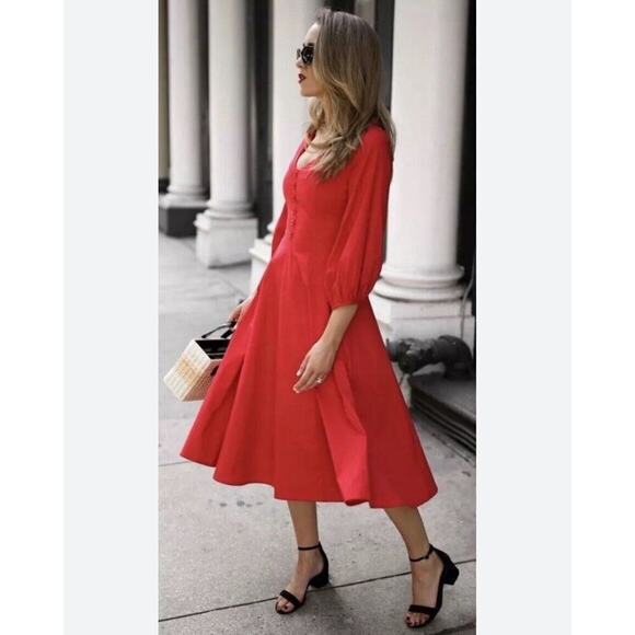 Staud Birdie Midi D Dress Red Linen Puff Sleeve Full Skirt bodice Button Front 6 - Picture 8 of 8